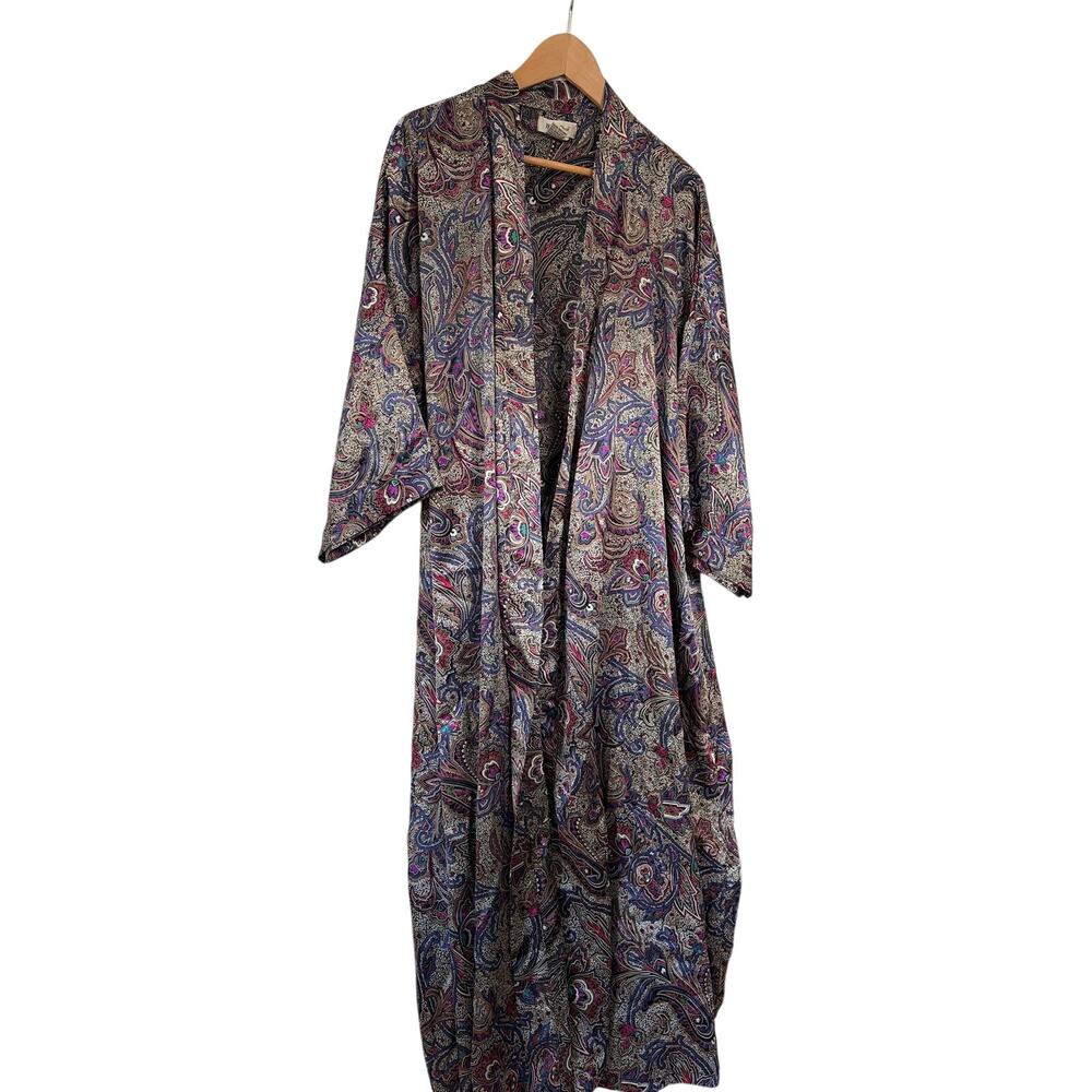 Vintage Marie Ellyse Paisley Maxi Robe Silky Long Dressing Gown Purple Womens L